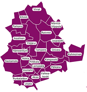 Region map of the Wellbeing services county of Pirkanmaa.